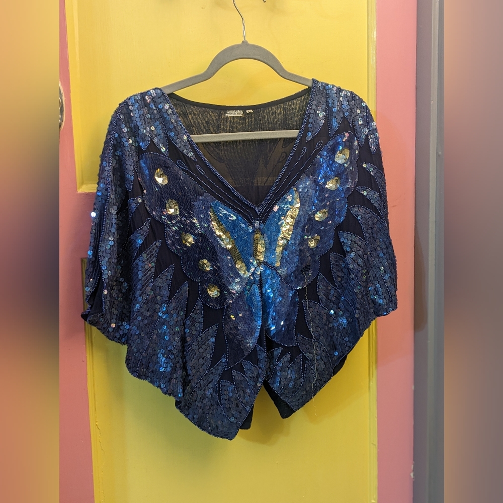 Vintage Sequin blue and purple butterfly crop top